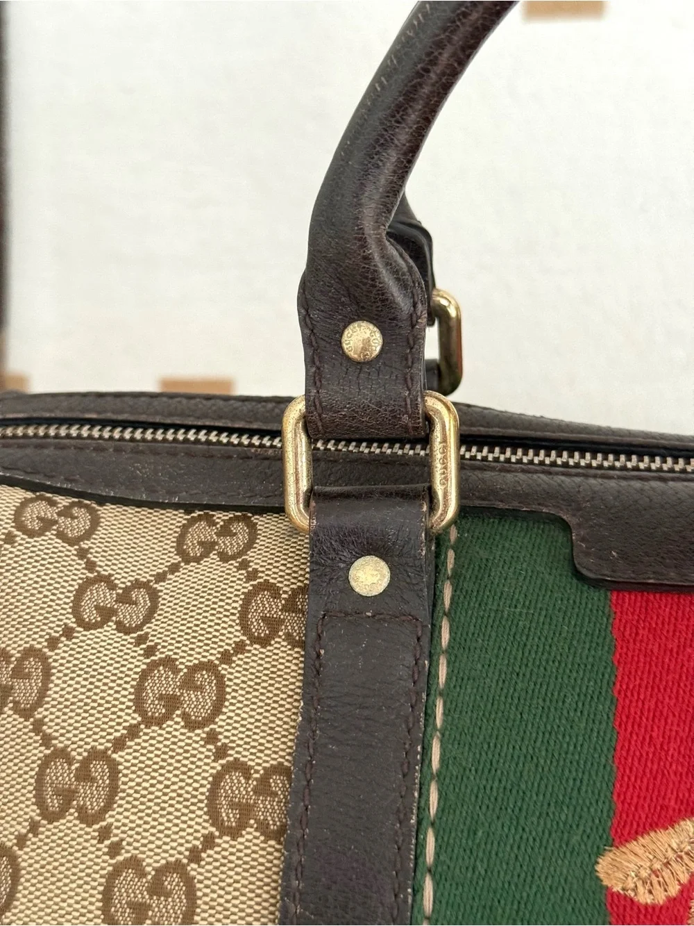 Authentic Gucci brown monogram canvas Boston satchel bag red green accents